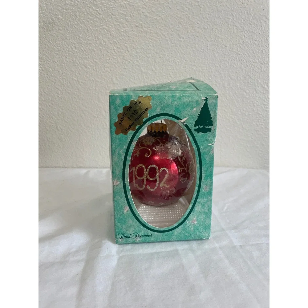 VTG Christmas by Krebs Ornament 1992 Santa on Silk Red Gold Glass Ball USA